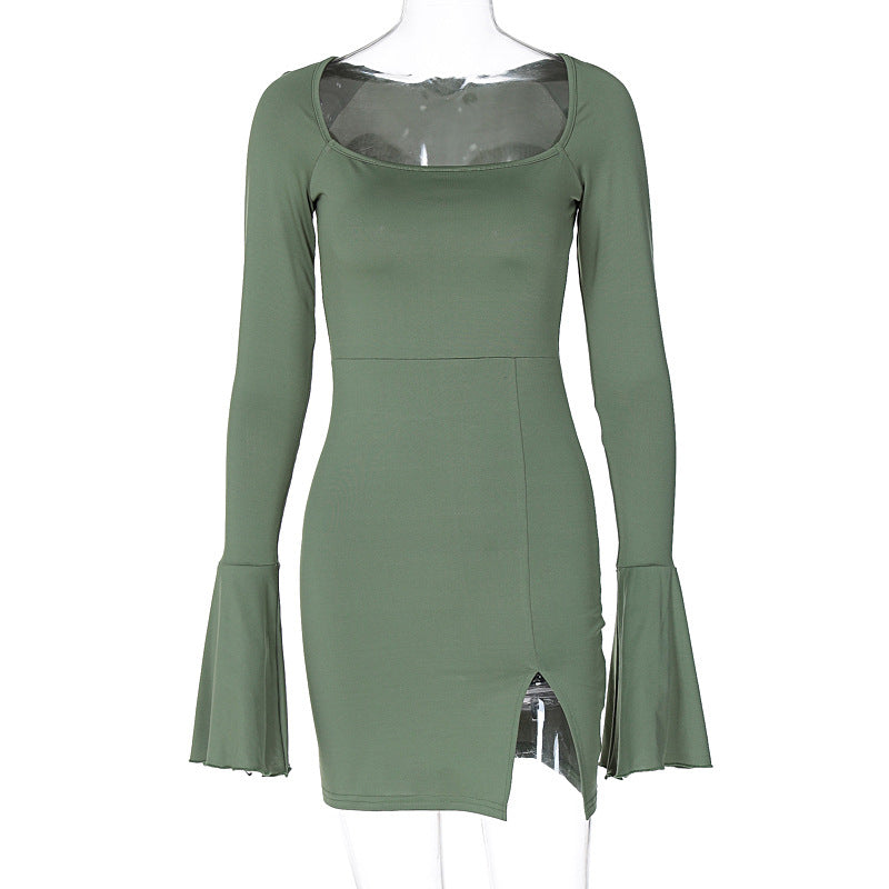 Flared Long Sleeve Split Short Sheath Dress